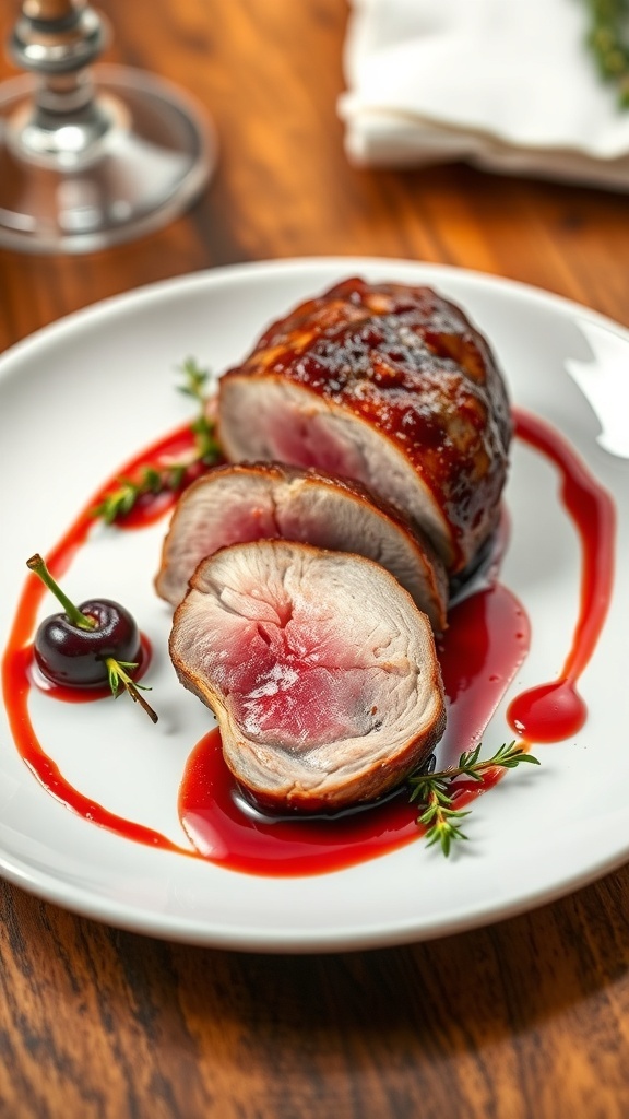 Sliced duck breast with cherry sauce on a white plate, garnished with thyme, on a rustic table.
